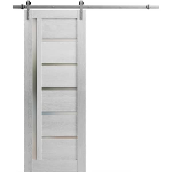 28 in. x 96 in. 1 Panel Frosted Glass Light Grey Oak Wood Sliding Barn Door with Hardware Kit