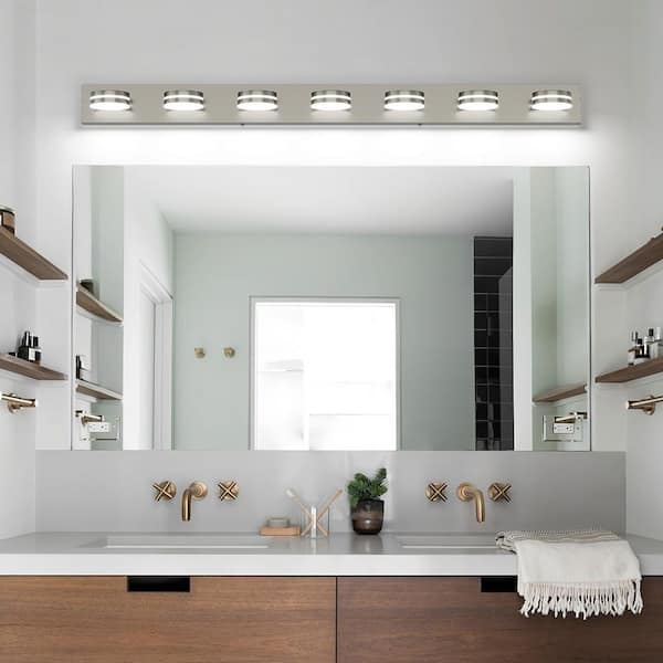 55.12 in. 7-Light Nickel LED Vanity-Light with Dimmable 5500K-Light and 270° Swivel Range Acrylic Lampshade