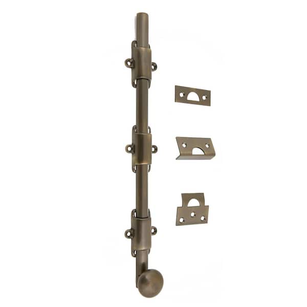 idh by St. Simons Heavy-Duty 12 in. Solid Brass Surface Bolt with Round Knob in Antique Brass