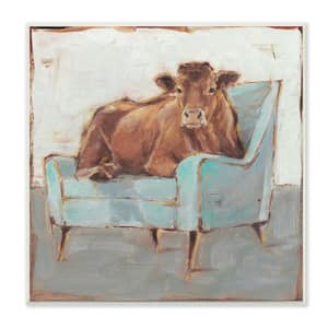 12 in. x 12 in. "Brown Bull on a Blue Couch Neutral Color Painting" by Ethan Harper Wood Wall Art