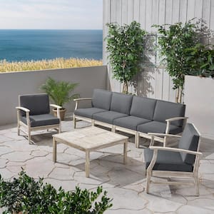 Perla Light Grey 7-Piece Wood Patio Conversation Seating Set with Dark Grey Cushions