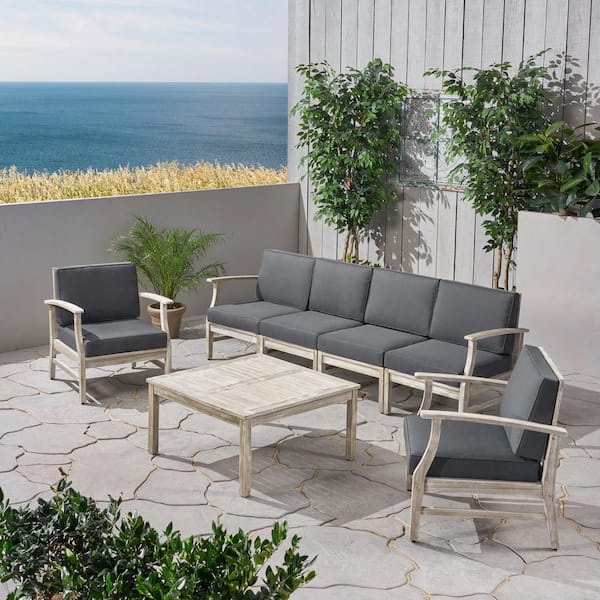 Noble House Perla Light Grey 7-Piece Wood Patio Conversation Seating Set with Dark Grey Cushions
