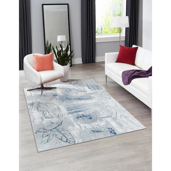 Kamala Washable Foliage Ivory Gray 6 ft. 1 in. x 9 ft. Area Rug