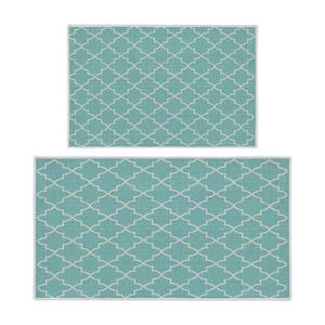 Geometric Turquoise 44 in. x 24 in. and 31.5 in. x 20 in. Washable, Thin, Multipurpose Kitchen Rug Mat (Set of 2)