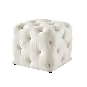 Genevieve Cream White Cube Tufted Upholstered Linen Ottoman