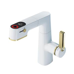 Single Handle Single Hole LED Temperature Digital Display Bathroom Faucet Pull Out Sink Faucets in Matte White and Gold