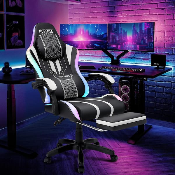 Hoffree Faux Leather Massage Ergonomic Gaming Chair Big and Tall Game Chair in White with Bluetooth Speakers LED Lights Footrest