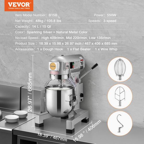 VEVOR Commercial Food Mixer 14 qt. L 3-Speed Adjustable