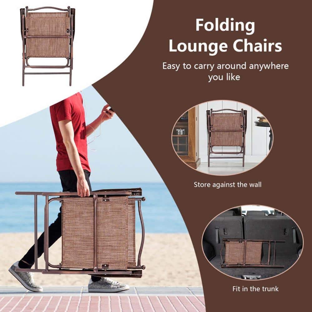 Brown Steel Frame Folding Patio Chairs Set of 2
