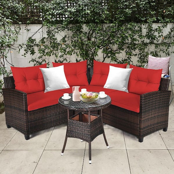 4-Pieces Wicker Patio Furniture Set Outdoor Rattan Sectional Sofa Set with Red Cushions