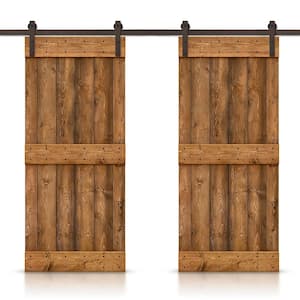 72 in. x 84 in. Mid-Bar Series Walnut Stained Solid Knotty Pine Wood Interior Double Sliding Barn Door with Hardware Kit