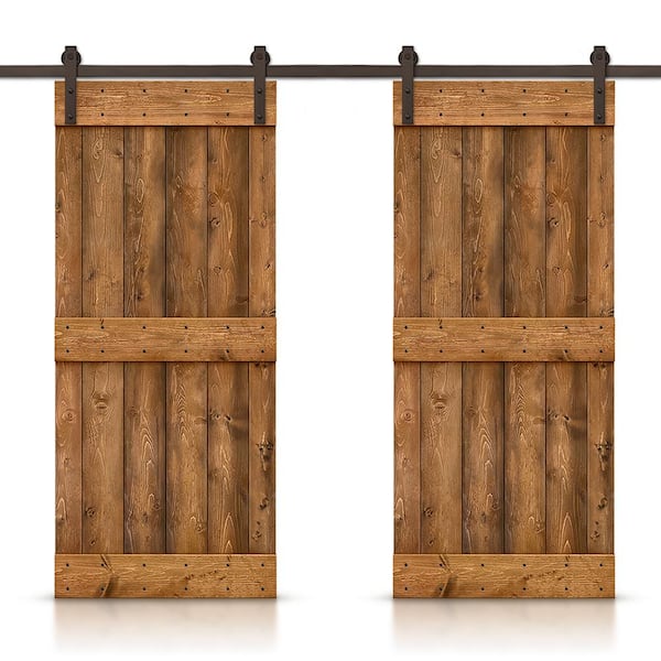 CALHOME 76 in. x 84 in. Mid-Bar Series Walnut Stained Solid Knotty Pine Wood Interior Double Sliding Barn Door with Hardware Kit
