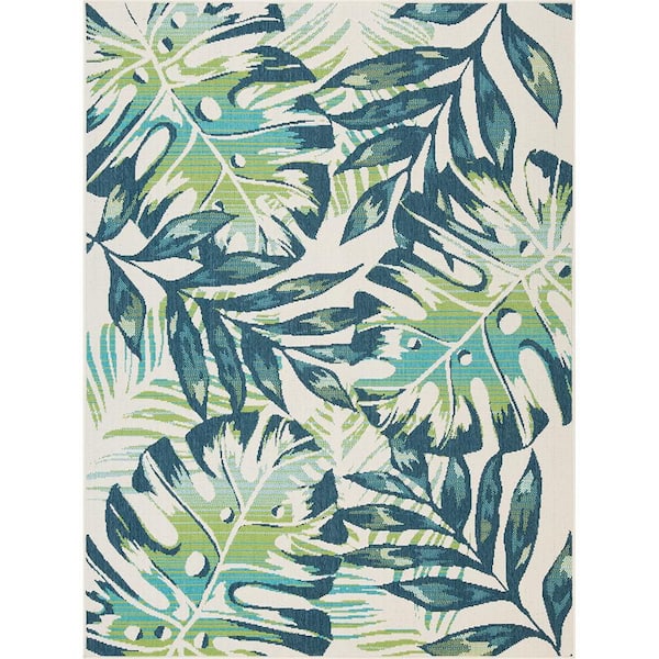 NATCO HOME Backyard Bungalow Ivory/Navy 5 ft. 3 in. x 7 ft. Aqua Palms ...