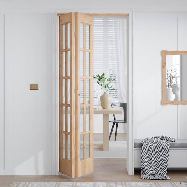 30 in. x 80 in. Unfinished Clear Glass Solid Core Wood Spruce Brown French Bi-Fold Door with Hardware
