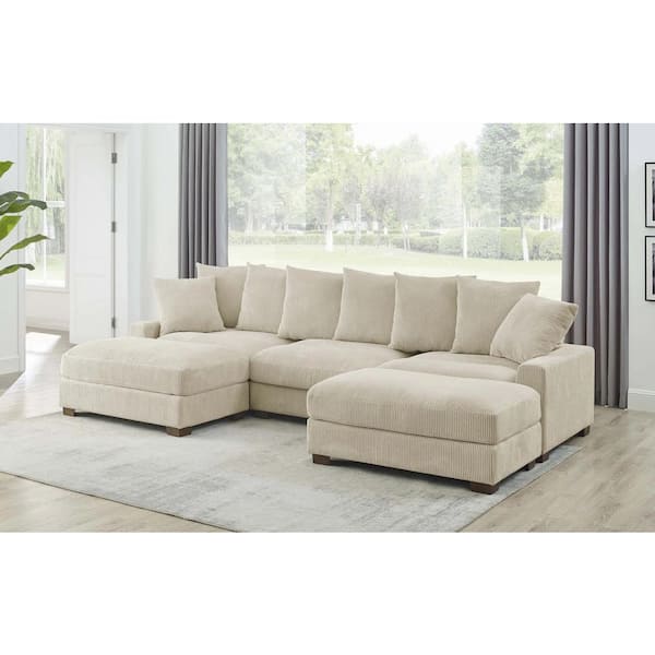 Monland 127 in. Square Arm Polyester Corduroy Upholstery U-Shaped Chaise Deep-Seated Oversized 5-Pieces Sectional Sofa in Beige