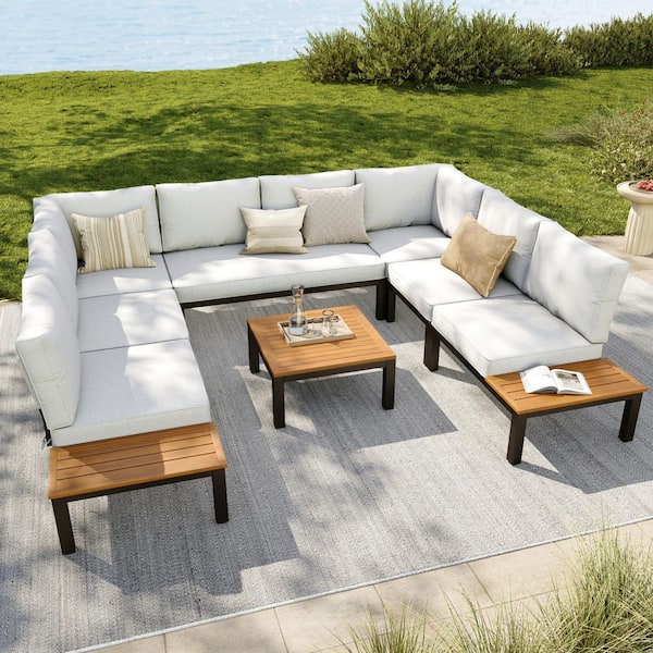 8 -Seat 8-Piece Metal Outdoor Patio Conversation Sectional -Seating Set with Light Gray Cushions and Coffee Table