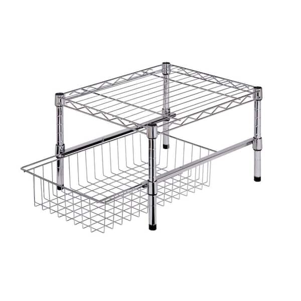 Honey-Can-Do 11 in. H x 15 in. W x 18 in. D Adjustable Steel Shelf with Basket Cabinet Organizer in Chrome