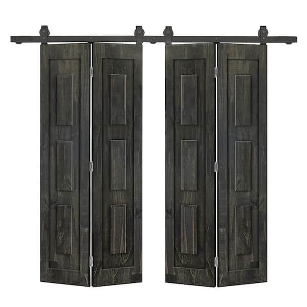 52 in. x 84 in. 3-Panel Shaker Hollow Core Charcoal Black Pine Wood Double Bi-fold Door with Barn Door Hardware Kit