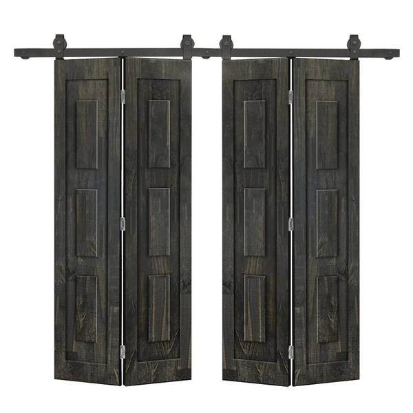 CALHOME 68 in. x 80 in. 3-Panel Shaker Hollow Core Charcoal Black Pine Wood Double Bi-fold Door with Barn Door Hardware Kit