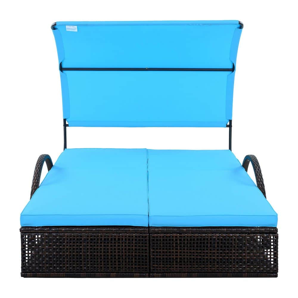 Patio Double Sunbed Metal Outdoor Chaise Lounge with Blue Cushions Hidden Side Table and Arched Armrests price history on PriceWatchPro