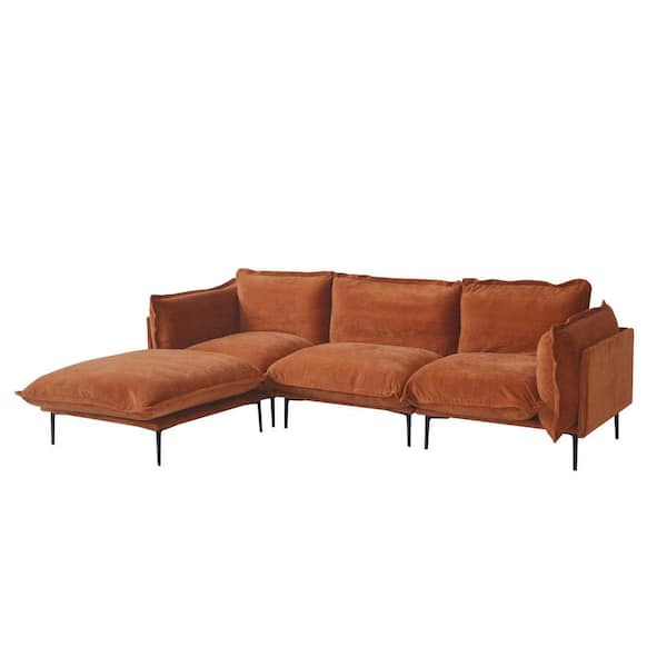 111.02 in. Square Arm 4-Piece Cloud Velvet L-Shaped Down Feather Oversized Sectional Sofa with Ottoman in. Orange