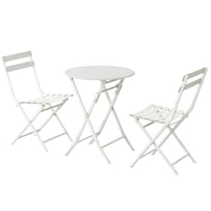 3 Piece White Metal Patio Outdoor Bistro Set of Foldable Round Table and Chairs