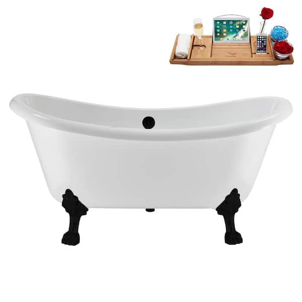 Streamline 59 in. x 28 in. Acrylic Clawfoot Soaking Bathtub in Glossy White with Matte Black Drain, Matte Black Clawfeet