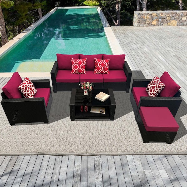 FORCLOVER 7-Piece Black Wicker Patio Conversation Set with Red Cushion