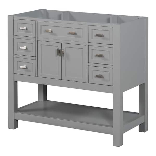 Lycvki 35.2 in. W x 17.7 in. D x 33.1 in. H Bath Vanity Cabinet without Top in Gray with 6-Drawers and 1-Open Shelf