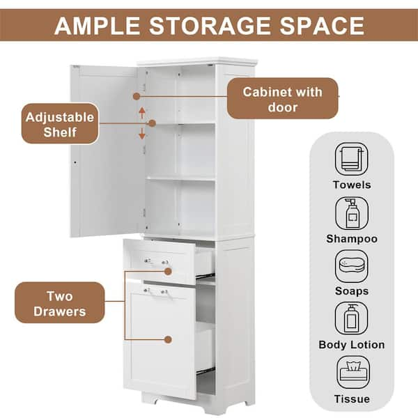 20 in. W x 13 in. D x 68.1 in. H Freestanding White MDF Tall Bathroom Linen Cabinet with Drawer, Adjustable Shelf