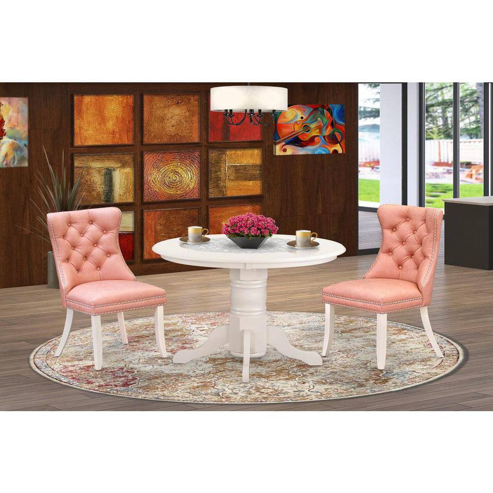 Linen White Round Rubberwood Dining Table Set with Beige Red Faux Leather Chairs