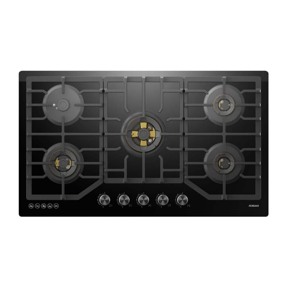 ROBAM 36 in. Gas-on-Glass Gas Cooktop in Black Tempered Glass with 5 Sealed Burners including Brass Power Burner, Black Glass