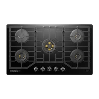 36 in. Gas-on-Glass Gas Cooktop in Black Tempered Glass with 5 Sealed Burners including Brass Power Burner