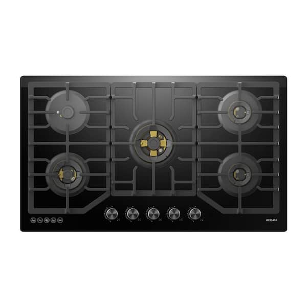 ROBAM 36 in. Gas-on-Glass Gas Cooktop in Black Tempered Glass with 5 Sealed Burners including Brass Power Burner