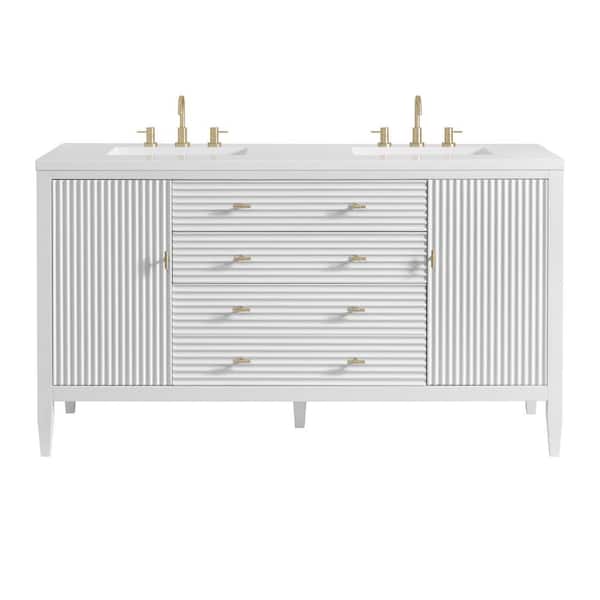 James Martin Vanities Myrrin 60.0 in. W x 23.5 in. D x 34.06 in. H Double Bathroom Vanity in Bright White with White Zeus Quartz Top