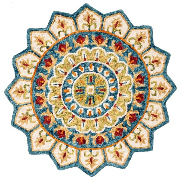Novelty Ivory/Blue 4 ft. x 4 ft. Round Border Floral Area Rug