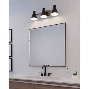 Towner 25 in. 3-Light Satin Brass Modern Contemporary Wall Bathroom Vanity Light with Black Metal Shades