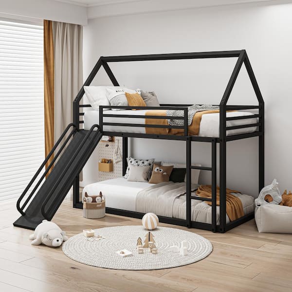 Qualler Black Twin Over Twin House Bunk Bed with Slide and Ladder