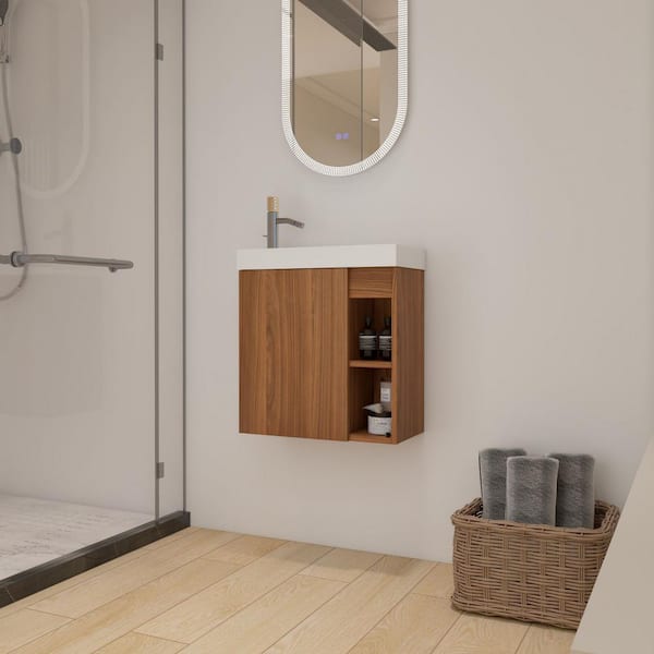 UPIKER Modern 20 in. W x 9.9 in. D x 21.3 in. H Single Sink Wall Mount Bath Vanity in Walnut with White Resin Top