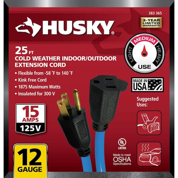 Husky 25 ft. 12/3 Gauge Medium Duty Indoor/Outdoor Red and Black Extension  Cord 65025HY - The Home Depot