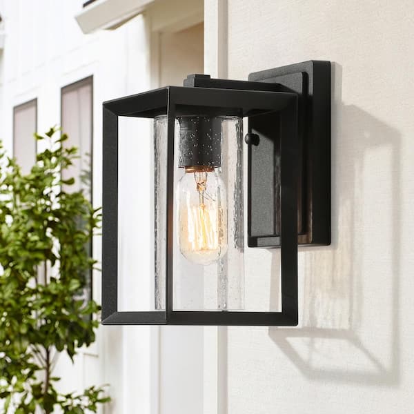 Uolfin Craftsman Rectangle Porch Outdoor Wall Sconce 1-Light Black Industrial Patio Outdoor Wall Light with Seeded Glass Shade