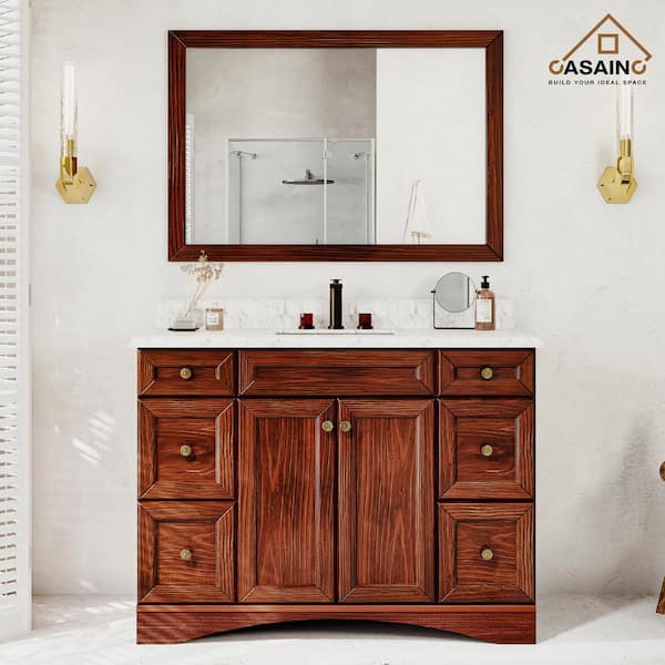 CASAINC 48 in. W x 22 in. D x 35.4 in. H Single Sink Freestanding Bath Vanity in Traditional Brown with Marble Top and Mirror