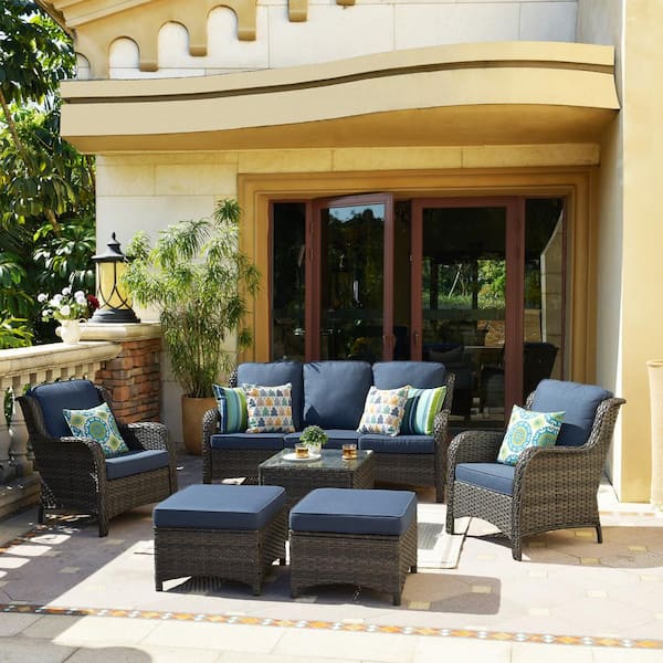 OVIOS New Kenard Gray 6-Piece Wicker Patio Conversation Set with Denim Blue Cushions