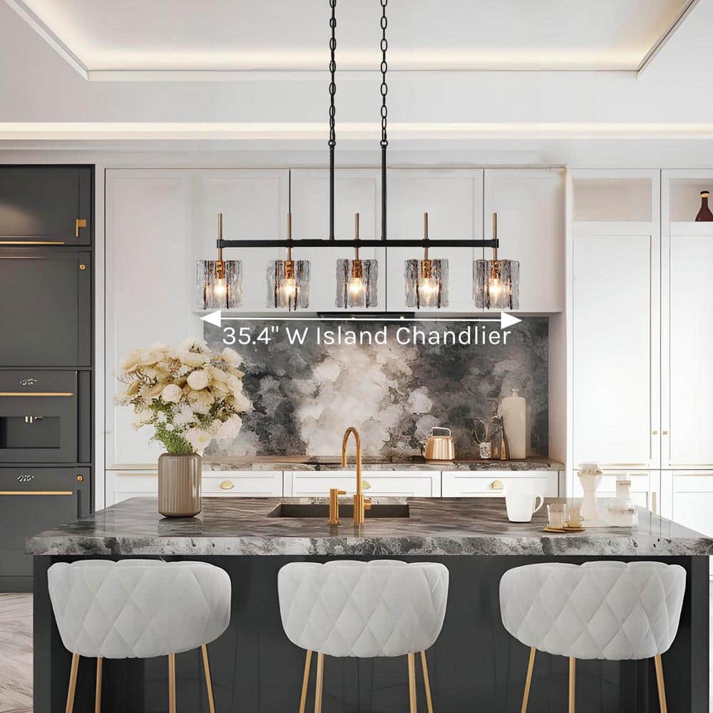 Kasy 5-Light Black and Brass Linear Chandelier with Smoke-Gray Glass
