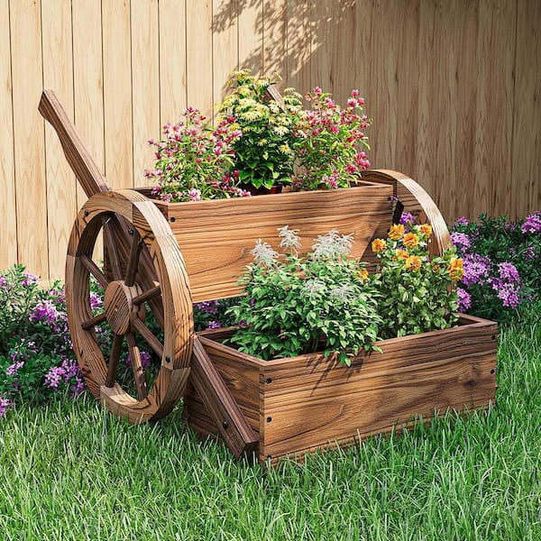 2-Tier Brown 20.5 in. L x 24 in. W Wooden Garden Cart Planter with Wheels and Handles