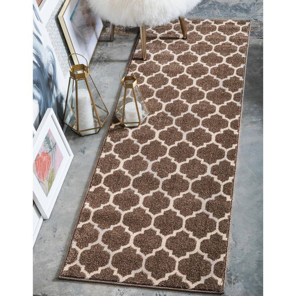 Brown and Beige Synthetic Trellis Runner Rug