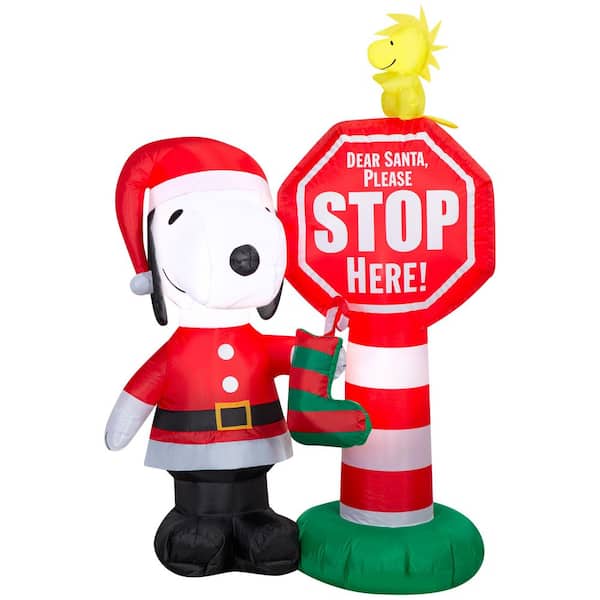 4.5 ft. Tall 3.3 ft. Wide Snoopy Stop Here Sign Christmas Inflatable