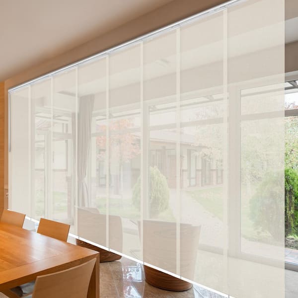 EMOH Ivory Mesh 130 in. - 175 in. W x 116 in. L Adjustable 8-Panel White Double Rail Panel Track with 23.5 in. Slates