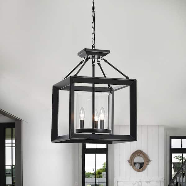 Libtad 3-Light 15 in. W Industrial Matte Black Cage Convertible Pendant Light with Clear Glass for Foyer and Dining Room