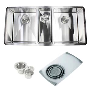 Undermount 16-Gauge Stainless Steel 42 in. x 20 in. x 10 in. Triple Bowl Kitchen Sink with Colander and Strainer Combo